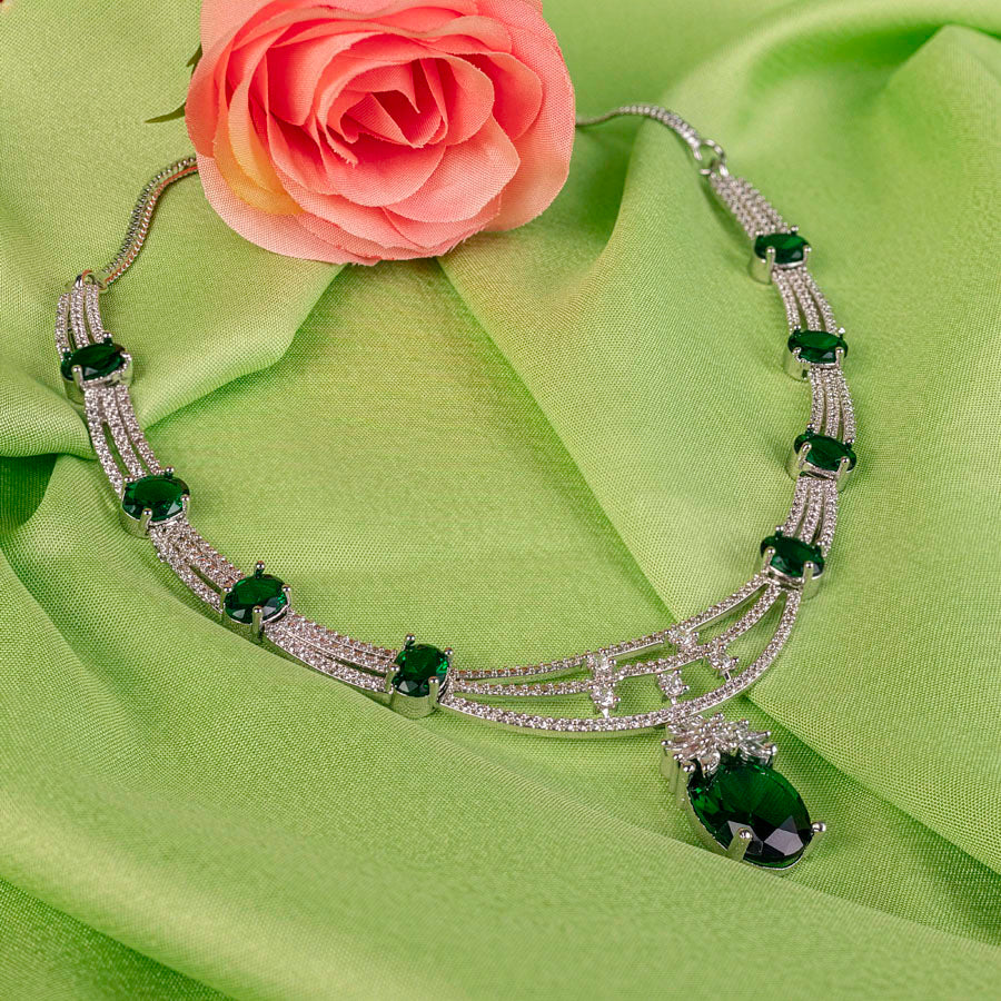Bottle Green Silver Polish Short Lightweight American Diamond Necklace Set for Women for Party and Occasion Wear (MC-NS-020-EM-SL-1)