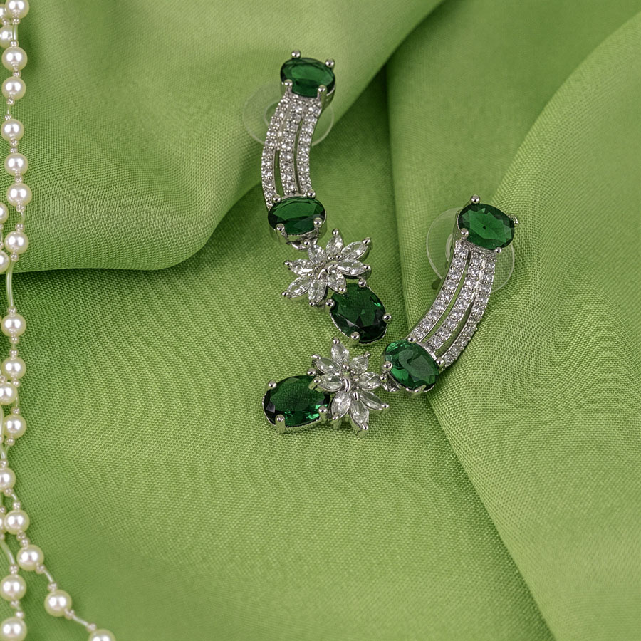 Bottle Green Silver Polish Short Lightweight American Diamond Necklace Set for Women for Party and Occasion Wear (MC-NS-020-EM-SL-1)