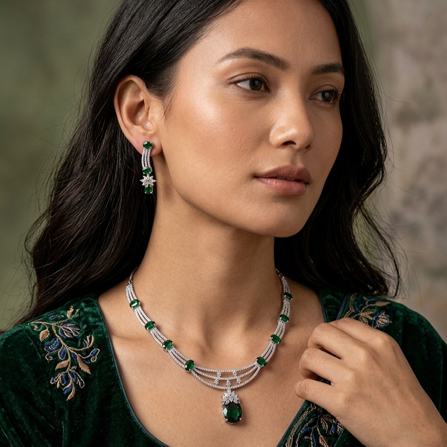 Bottle Green Silver Polish Short Lightweight American Diamond Necklace Set for Women for Party and Occasion Wear (MC-NS-020-EM-SL-1)