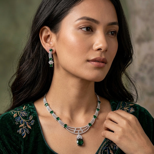 Bottle Green Silver Polish Short Lightweight American Diamond Necklace Set for Women for Party and Occasion Wear (MC-NS-020-EM-SL-1)