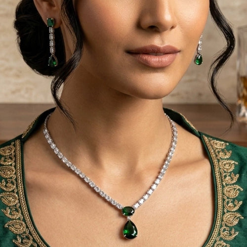 Bottle Green Sleek Silver Polish American Diamond - The Indian Mudra