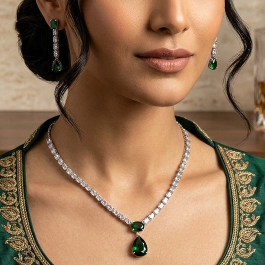 Bottle Green Sleek Silver Polish American Diamond - The Indian Mudra