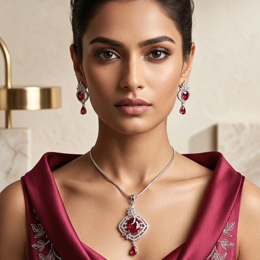 Classic Wine Red American Diamond Pendant Set - The Indian Mudra