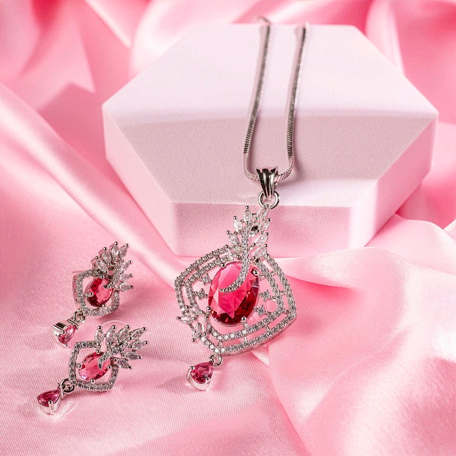 Classic Wine Red American Diamond Pendant Set - The Indian Mudra
