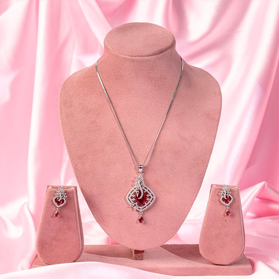 Classic Wine Red American Diamond Pendant Set - The Indian Mudra