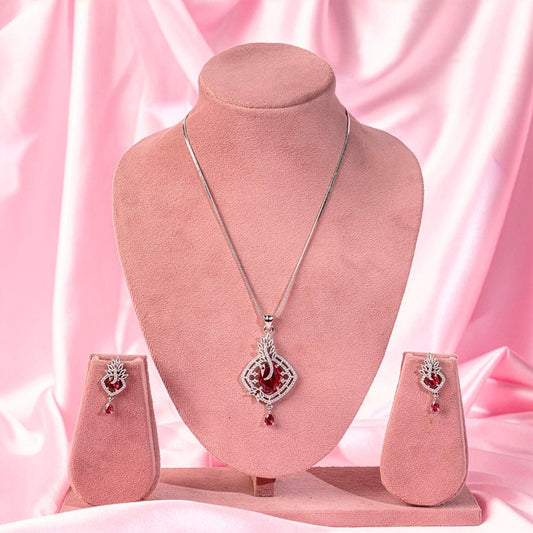 Classic Wine Red American Diamond Pendant Set - The Indian Mudra
