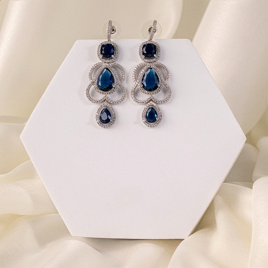 Deep Blue Silver Polish Lightweight American Diamond Ear Rings for Women for Occasion and Party Wear (MC-ER-002-BL-SL-1)
