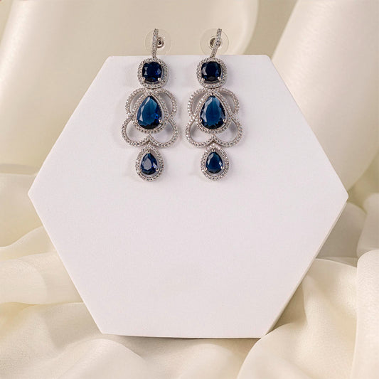 Deep Blue Silver Polish Lightweight American Diamond Ear Rings for Women for Occasion and Party Wear (MC-ER-002-BL-SL-1)