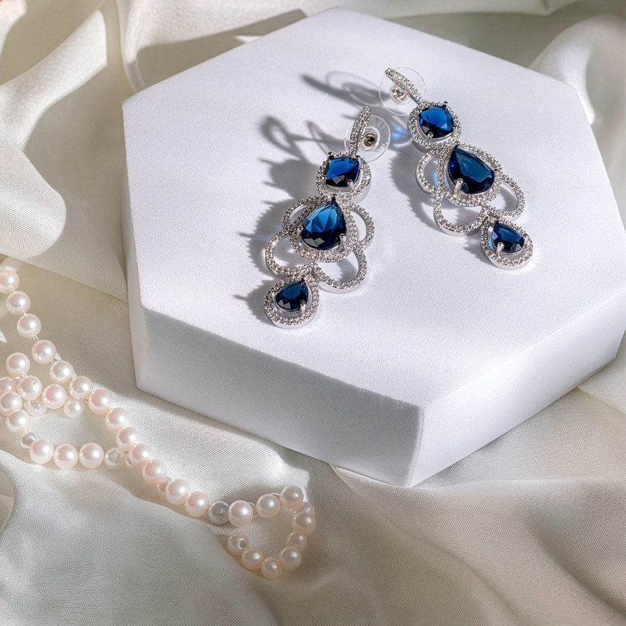 Deep Blue Silver Polish Lightweight American Diamond Ear Rings for Women for Occasion and Party Wear (MC-ER-002-BL-SL-1)