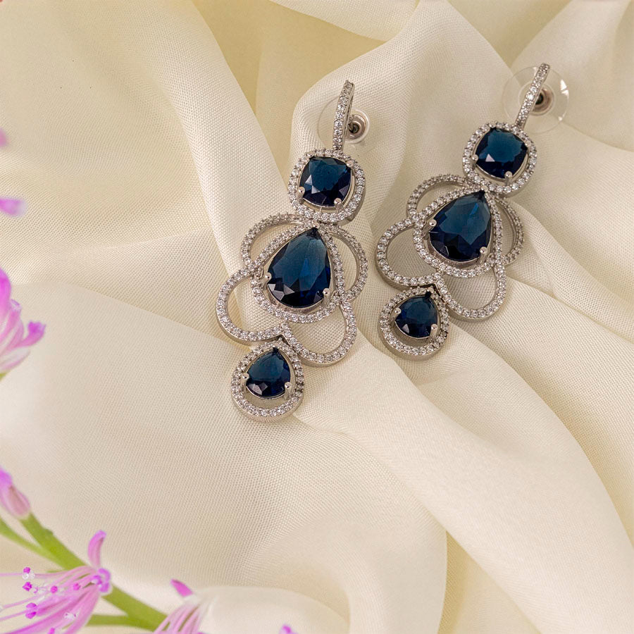 Deep Blue Silver Polish Lightweight American Diamond Ear Rings for Women for Occasion and Party Wear (MC-ER-002-BL-SL-1)