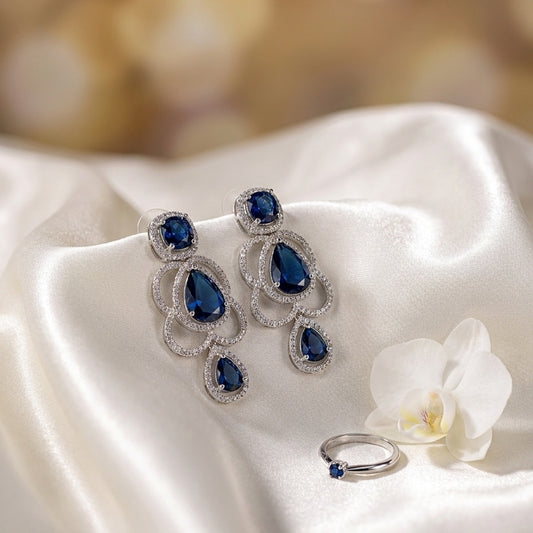 Deep Blue Silver Polish Lightweight American Diamond Ear Rings for Women for Occasion and Party Wear (MC-ER-002-BL-SL-1)