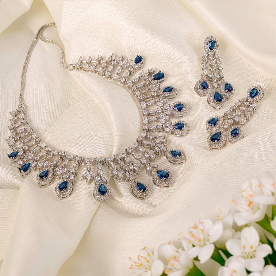 Deep Blue Silver Polish Necklace Set Lightweight American Diamond for Women for Occasion and Party Wear (MC - NS - 016 - BL - SL - 1) - The Indian Mudra