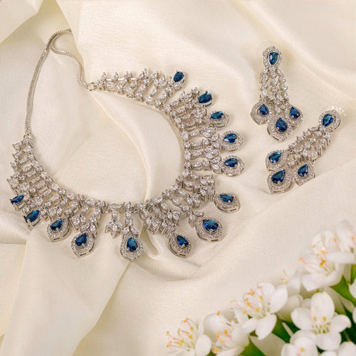 Deep Blue Silver Polish Necklace Set Lightweight American Diamond for Women for Occasion and Party Wear (MC - NS - 016 - BL - SL - 1) - The Indian Mudra
