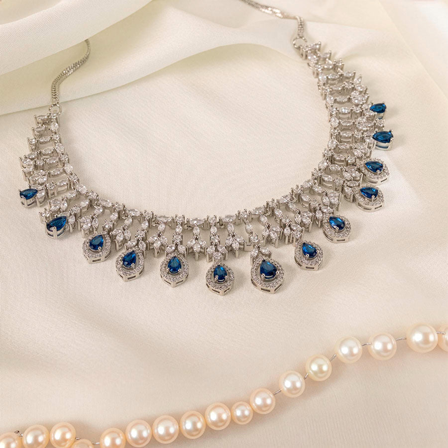 Deep Blue Silver Polish Necklace Set Lightweight American Diamond for Women for Occasion and Party Wear (MC - NS - 016 - BL - SL - 1) - The Indian Mudra