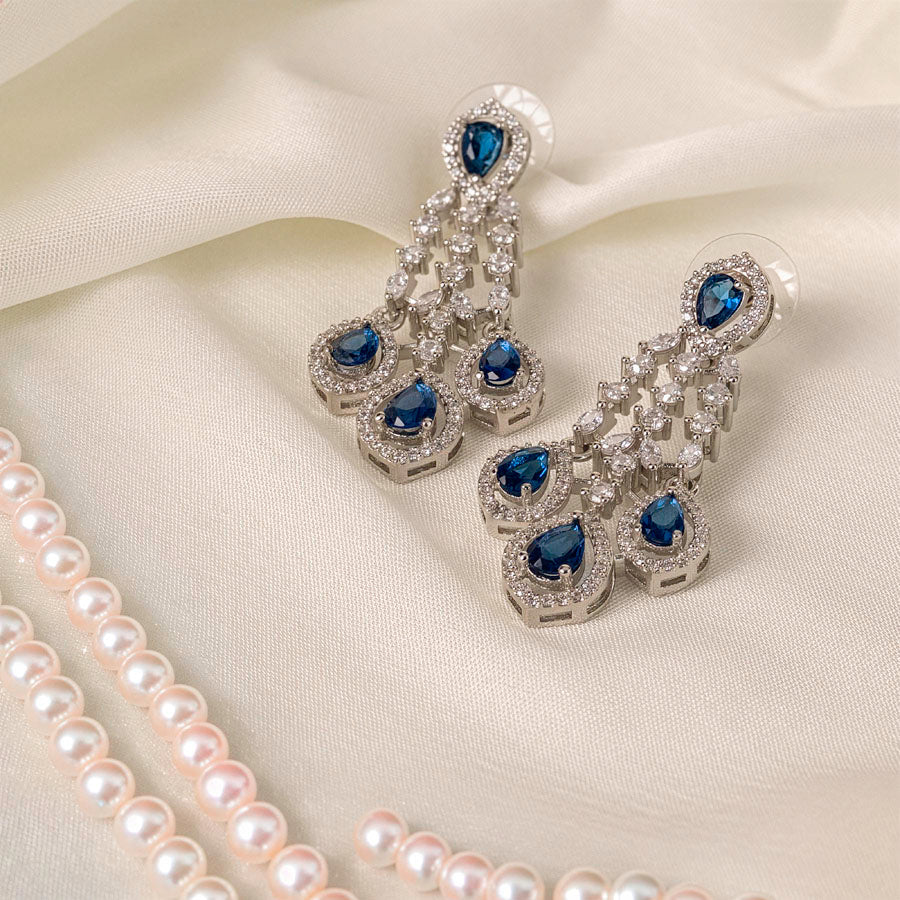 Deep Blue Silver Polish Necklace Set Lightweight American Diamond for Women for Occasion and Party Wear (MC - NS - 016 - BL - SL - 1) - The Indian Mudra