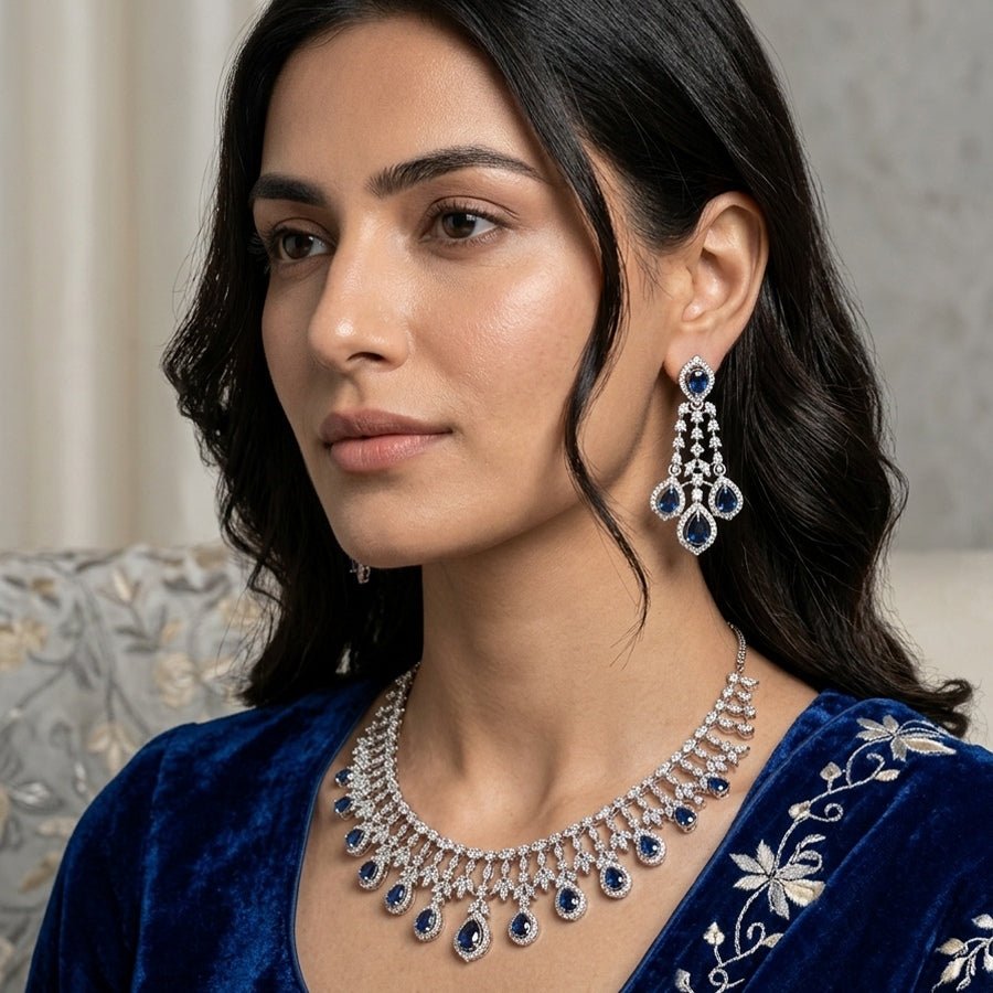 Deep Blue Silver Polish Necklace Set Lightweight American Diamond for Women for Occasion and Party Wear (MC - NS - 016 - BL - SL - 1) - The Indian Mudra