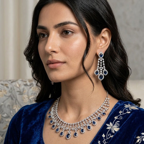 Deep Blue Silver Polish Necklace Set Lightweight American Diamond for Women for Occasion and Party Wear (MC - NS - 016 - BL - SL - 1) - The Indian Mudra