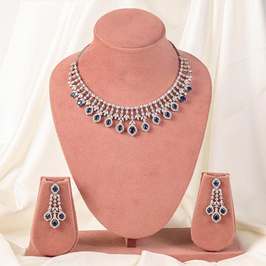 Deep Blue Silver Polish Necklace Set Lightweight American Diamond for Women for Occasion and Party Wear (MC - NS - 016 - BL - SL - 1) - The Indian Mudra