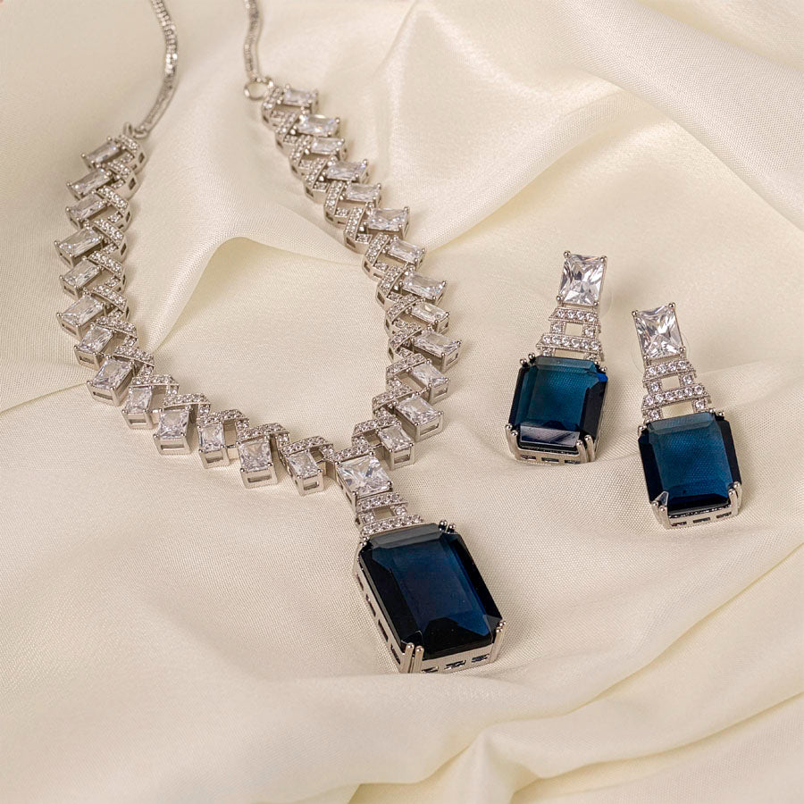 Deep Blue Silver Polish Short Lightweight American Diamond Necklace Set for Women for Occasion and Party Wear (MC - NS - 024 - BL - SL - 1) - The Indian Mudra