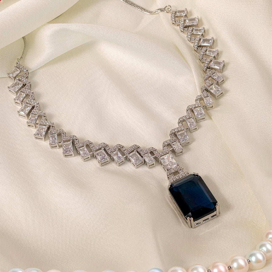 Deep Blue Silver Polish Short Lightweight American Diamond Necklace Set for Women for Occasion and Party Wear (MC - NS - 024 - BL - SL - 1) - The Indian Mudra