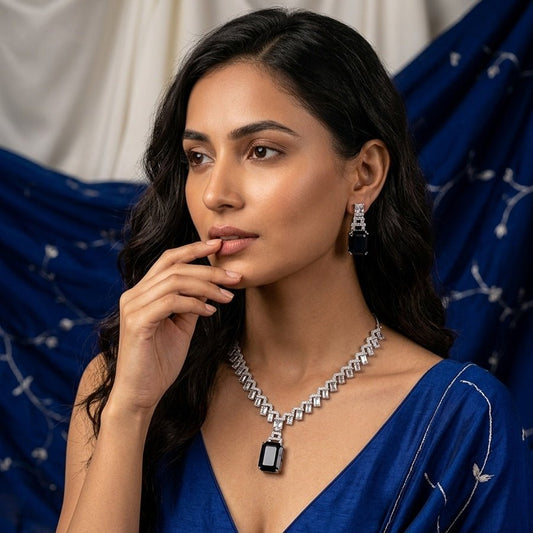 Deep Blue Silver Polish Short Lightweight American Diamond Necklace Set for Women for Occasion and Party Wear (MC - NS - 024 - BL - SL - 1) - The Indian Mudra