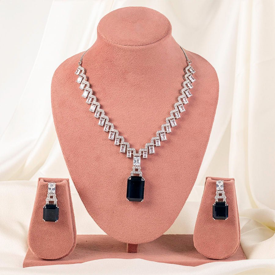 Deep Blue Silver Polish Short Lightweight American Diamond Necklace Set for Women for Occasion and Party Wear (MC - NS - 024 - BL - SL - 1) - The Indian Mudra