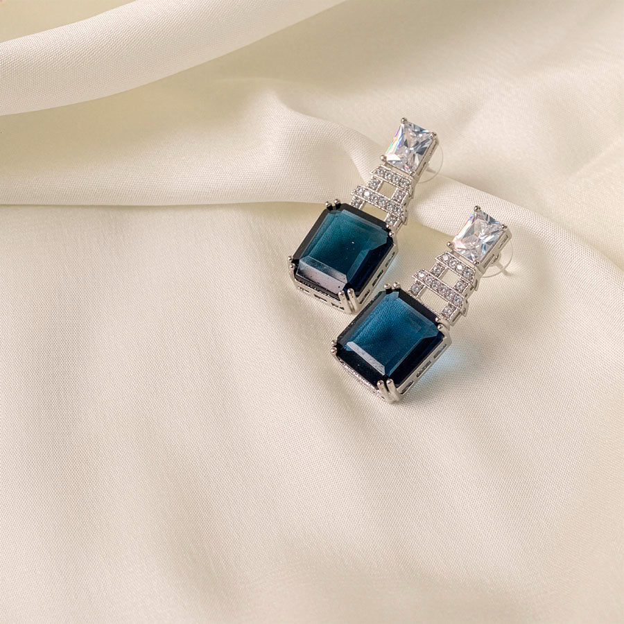 Deep Blue Silver Polish Lightweight American Diamond Ear Rings for Women for Occasion and Party Wear (MC-ER-002-BL-SL-1)