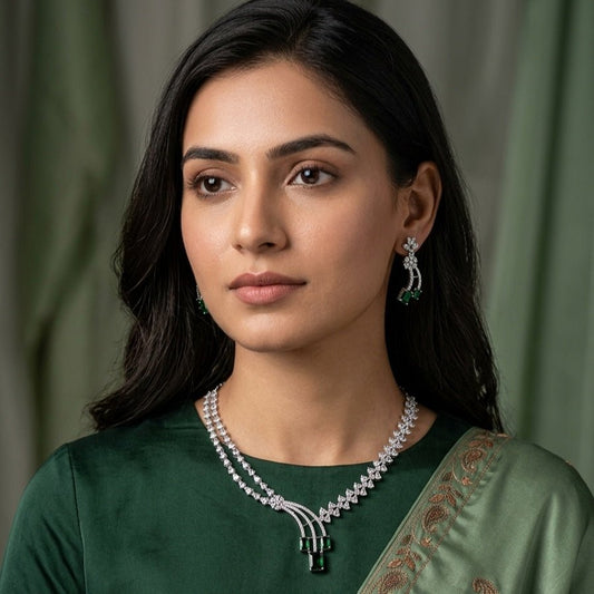 Deep Green Silver Polish Short Lightweight American Diamond Necklace Set for Occasion and Party Wear (MC - NS - 022 - EM - SL - 1) - The Indian Mudra