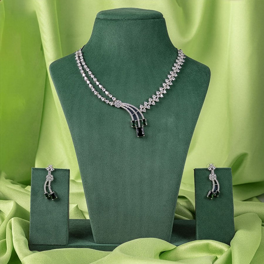 Deep Green Silver Polish Short Lightweight American Diamond Necklace Set for Occasion and Party Wear (MC - NS - 022 - EM - SL - 1) - The Indian Mudra