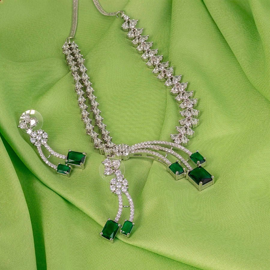 Deep Green Silver Polish Short Lightweight American Diamond Necklace Set for Occasion and Party Wear (MC - NS - 022 - EM - SL - 1) - The Indian Mudra