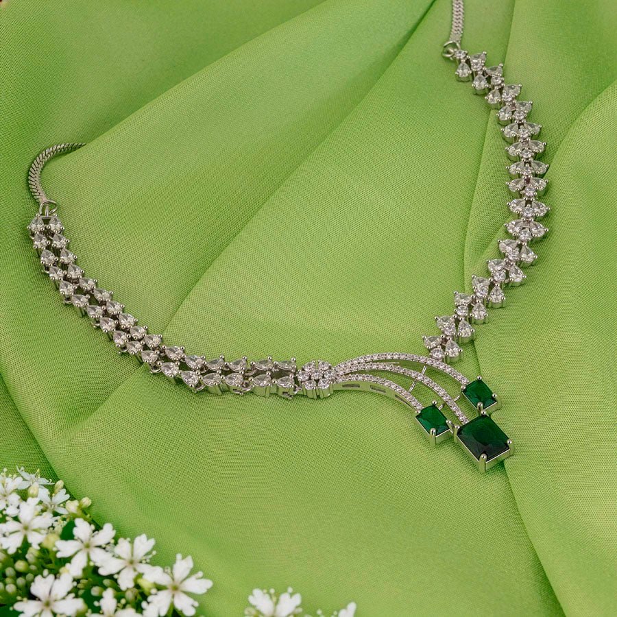 Deep Green Silver Polish Short Lightweight American Diamond Necklace Set for Occasion and Party Wear (MC - NS - 022 - EM - SL - 1) - The Indian Mudra