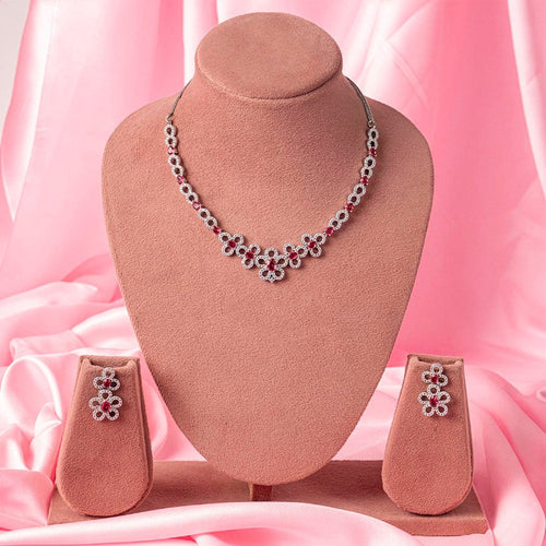 Deep Pink Short Lightweight American Diamond Necklace Set for Women for Occasion and Party Wear (MC - NS - 019 - PK - SL - 1) - The Indian Mudra