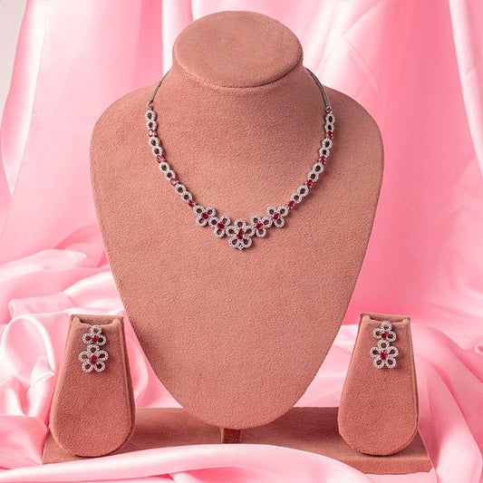 Deep Pink Short Lightweight American Diamond Necklace Set for Women for Occasion and Party Wear (MC - NS - 019 - PK - SL - 1) - The Indian Mudra