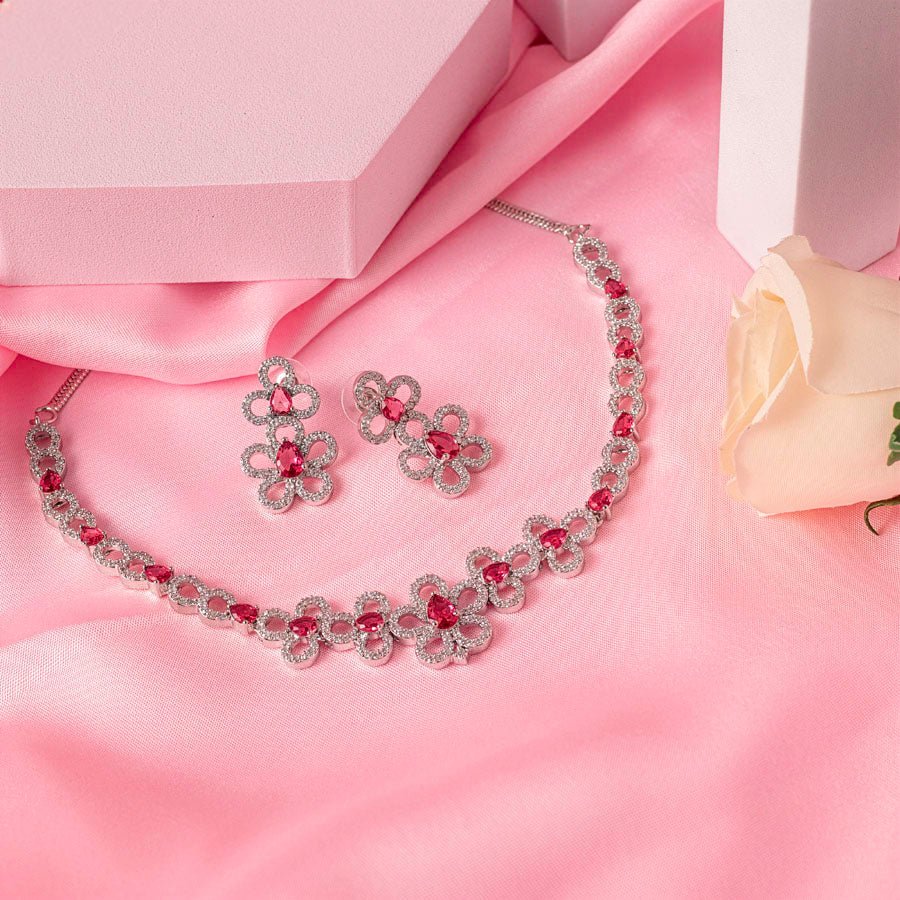Deep Pink Short Lightweight American Diamond Necklace Set for Women for Occasion and Party Wear (MC - NS - 019 - PK - SL - 1) - The Indian Mudra