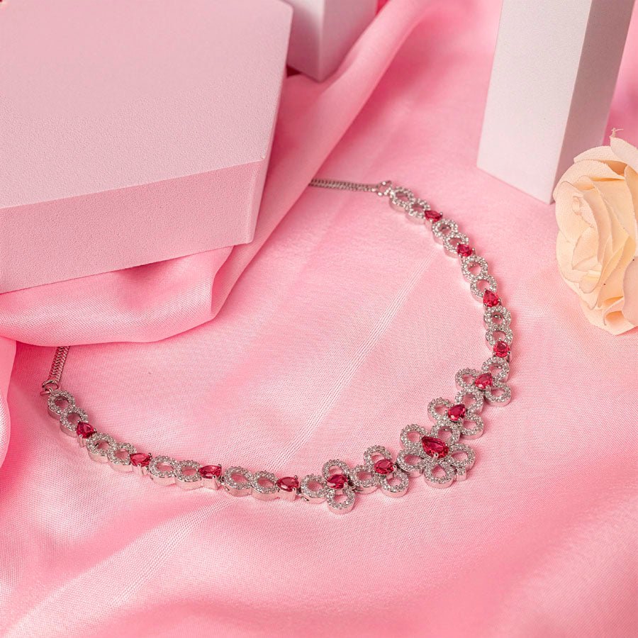 Deep Pink Short Lightweight American Diamond Necklace Set for Women for Occasion and Party Wear (MC - NS - 019 - PK - SL - 1) - The Indian Mudra