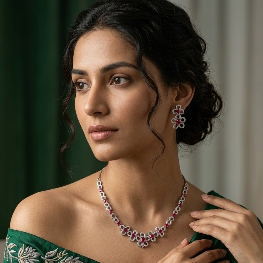 Deep Pink Short Lightweight American Diamond Necklace Set for Women for Occasion and Party Wear (MC - NS - 019 - PK - SL - 1) - The Indian Mudra