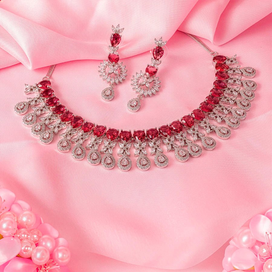 Deep Pink Short Silver Polish Lightweight American Diamond Necklace Set for Women for Occasion and Party Wear (MC - NS - 017 - PK - SL - 1) - The Indian Mudra