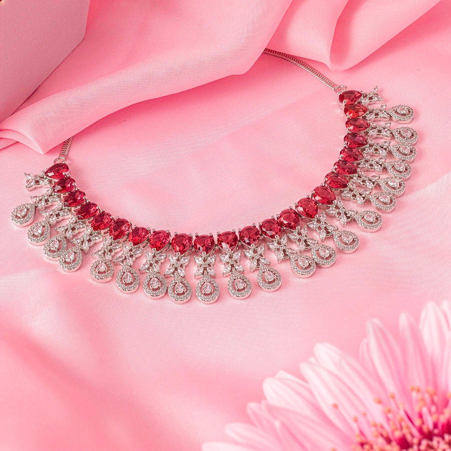 Deep Pink Short Silver Polish Lightweight American Diamond Necklace Set for Women for Occasion and Party Wear (MC - NS - 017 - PK - SL - 1) - The Indian Mudra