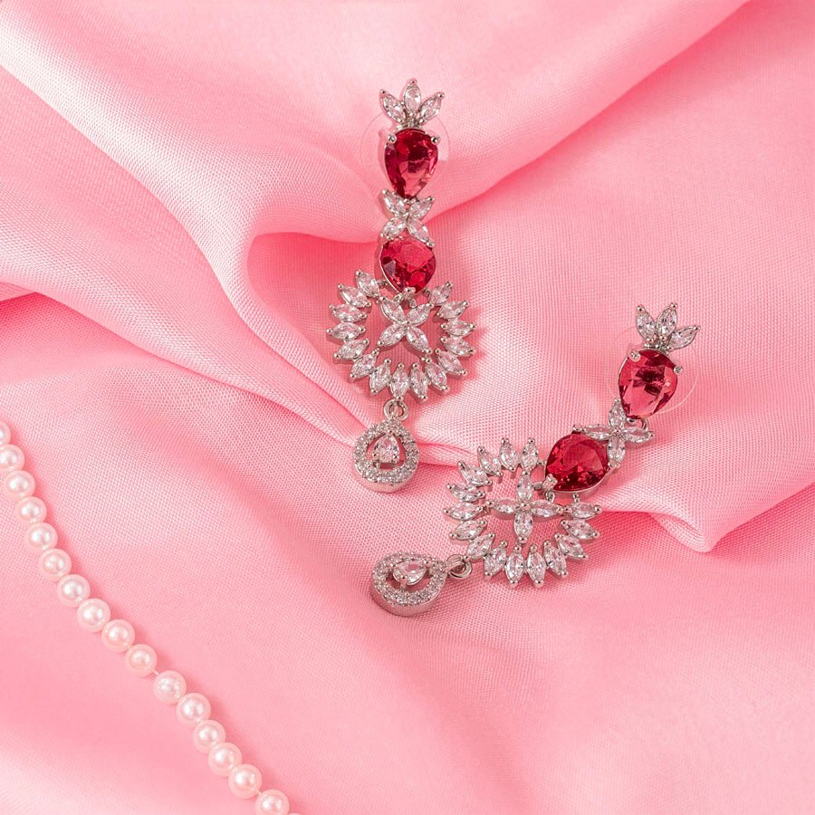Deep Pink Short Silver Polish Lightweight American Diamond Necklace Set for Women for Occasion and Party Wear (MC - NS - 017 - PK - SL - 1) - The Indian Mudra