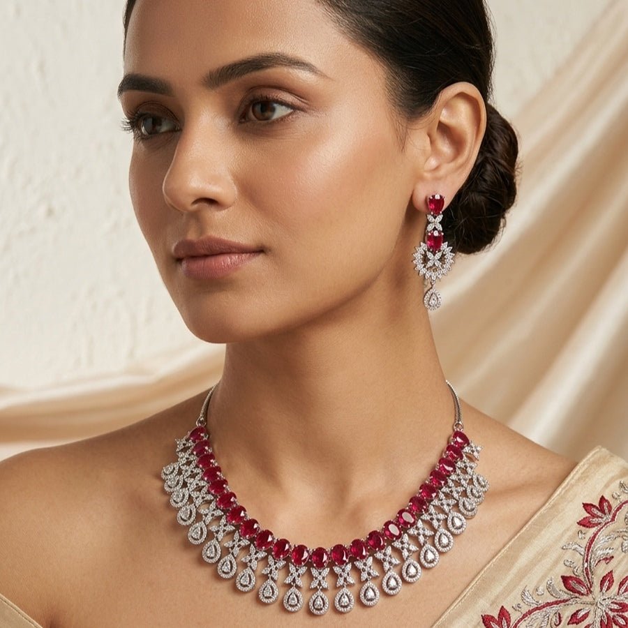 Deep Pink Short Silver Polish Lightweight American Diamond Necklace Set for Women for Occasion and Party Wear (MC - NS - 017 - PK - SL - 1) - The Indian Mudra