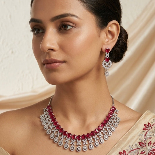 Deep Pink Short Silver Polish Lightweight American Diamond Necklace Set for Women for Occasion and Party Wear (MC - NS - 017 - PK - SL - 1) - The Indian Mudra