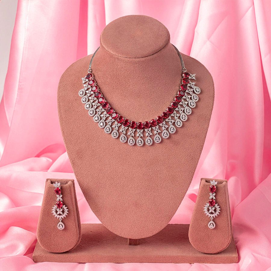 Deep Pink Short Silver Polish Lightweight American Diamond Necklace Set for Women for Occasion and Party Wear (MC - NS - 017 - PK - SL - 1) - The Indian Mudra