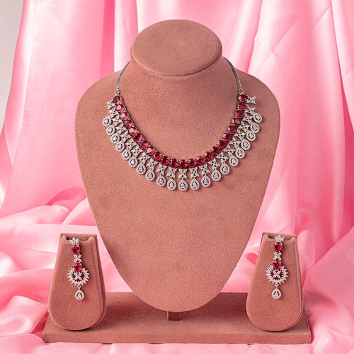Deep Pink Short Silver Polish Lightweight American Diamond Necklace Set for Women for Occasion and Party Wear (MC - NS - 017 - PK - SL - 1) - The Indian Mudra