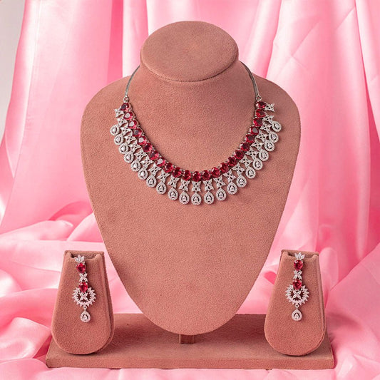 Deep Pink Short Silver Polish Lightweight American Diamond Necklace Set for Women for Occasion and Party Wear (MC - NS - 017 - PK - SL - 1) - The Indian Mudra