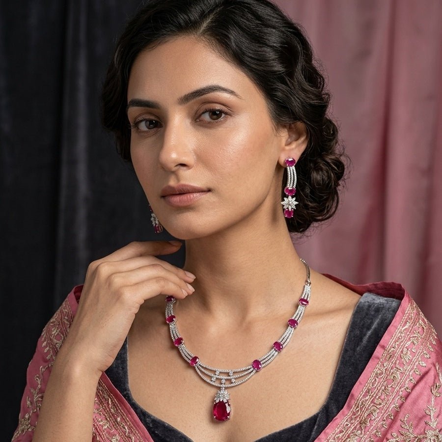 Deep Pink Silver Polish Lightweight American Diamond Necklace Set for Women for Occasion and Party Wear (MC-NS-020-PK-SL-1) - The Indian Mudra