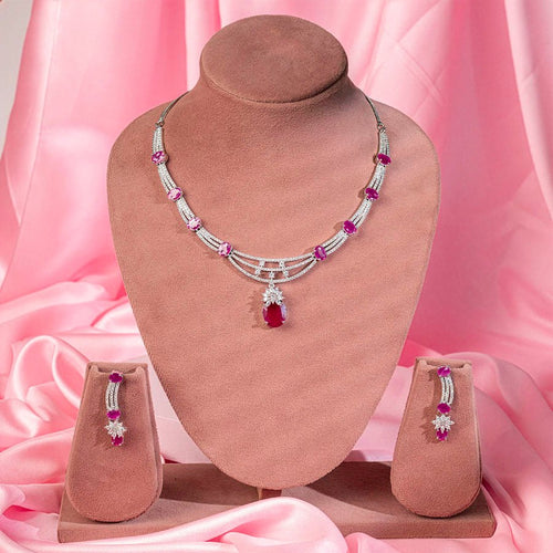 Deep Pink Silver Polish Lightweight American Diamond Necklace Set for Women for Occasion and Party Wear (MC-NS-020-PK-SL-1) - The Indian Mudra