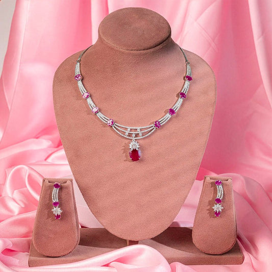 Deep Pink Silver Polish Lightweight American Diamond Necklace Set for Women for Occasion and Party Wear (MC-NS-020-PK-SL-1) - The Indian Mudra