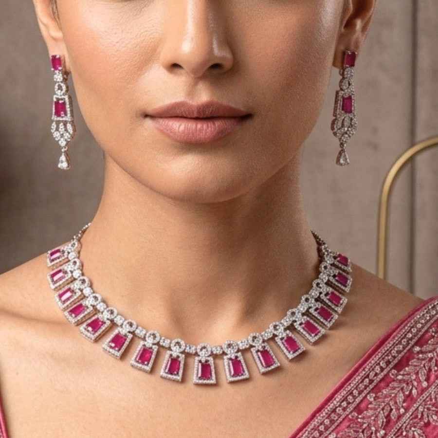 Deep Pink Silver Polish Short Lightweight American Diamond Necklace Set - The Indian Mudra