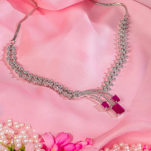 Deep Pink Silver Polish Short Lightweight American Diamond Necklace Set for Women for Occasion and Party Wear (MC-NS-022-PK-SL-1) - The Indian Mudra