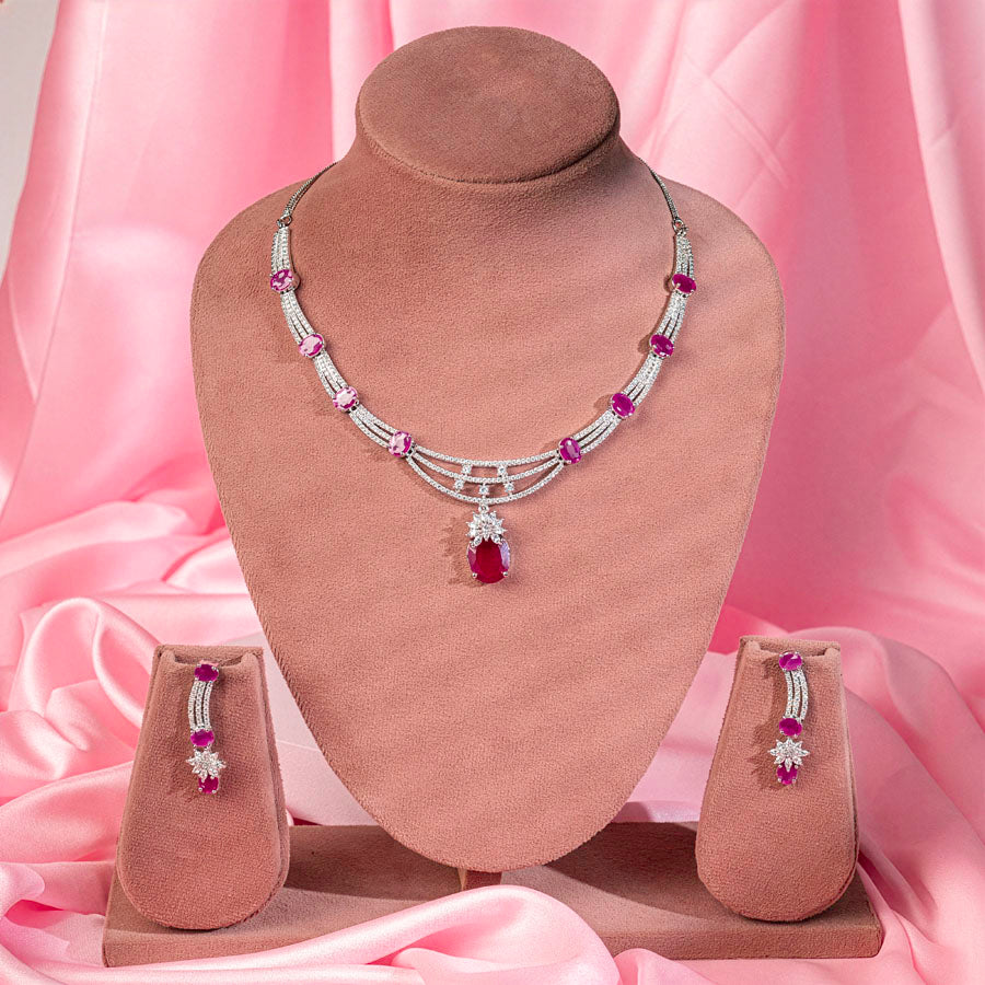 Deep Pink Silver Polish Lightweight American Diamond Necklace Set for Women for Occasion and Party Wear (MC-NS-020-PK-SL-1)